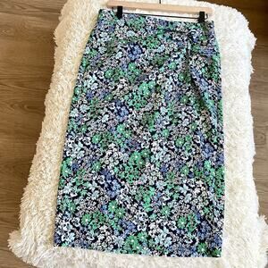 Ann Taylor Knee Length Wrap Skirt Womens 4 Blue Green Ditsy Floral Print